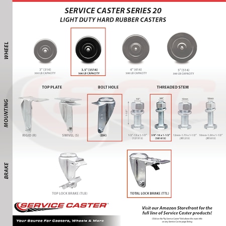 Service Caster 3.5 Inch SS Hard Rubber Swivel 3/8 Inch Threaded Stem Caster Lock Brake, 2PK SCC-SSTSTTL20S3514-HRS-381615-2S2